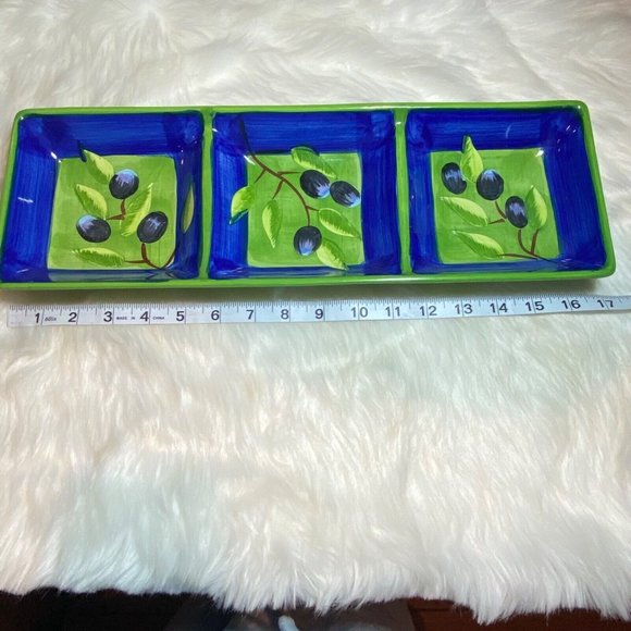 214 West Rectangle Relish Dish Stunning Green And Blue With Black Olive Ceramic - Picture 10 of 10